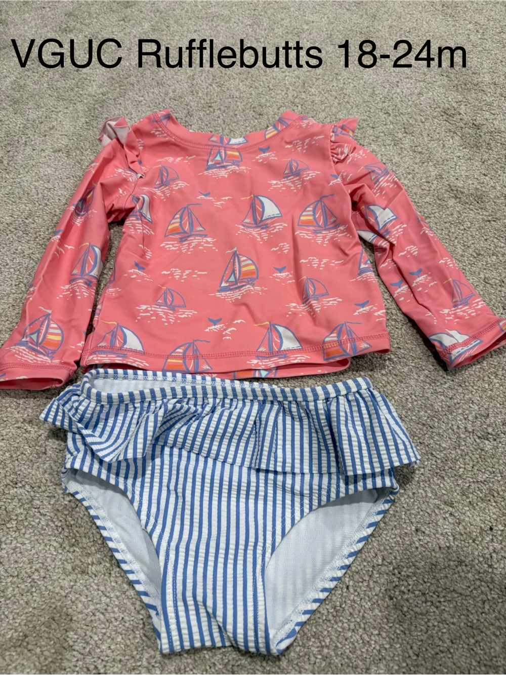 Ruffle Butts Coral Pink Sailboat Rashguard Set with Blue Stripe Ruffle Bottoms
